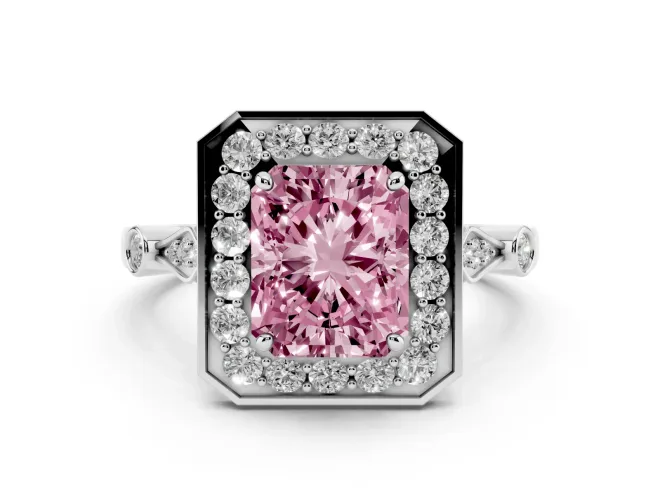 Radiant Cut Vintage Halo Engagement Ring Setting for a Fancy Pink Lab-Grown Diamond | Bezel Station Shoulders | Platinum
