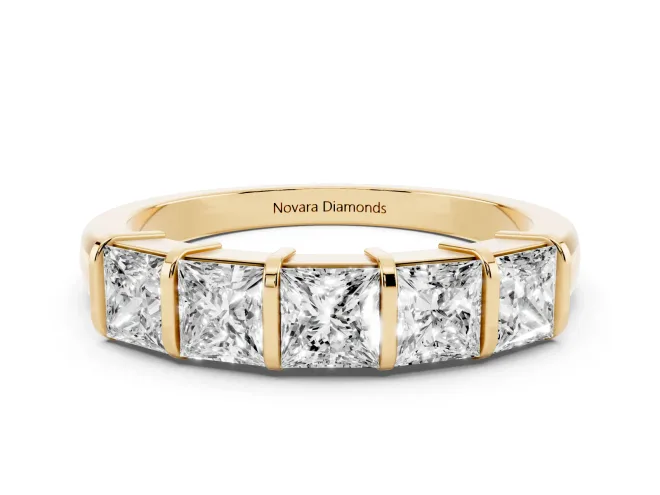 Princess Cut Diamond Seven-Stone Channel Band Set in Yellow gold with Bar Prongs