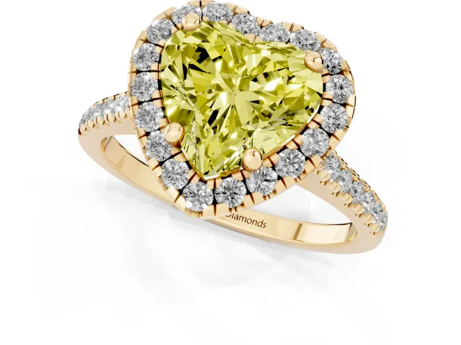 Fancy Yellow Heart Cut Diamond Cushion Halo Ring Set in Yellow gold with Pavé Band – second view