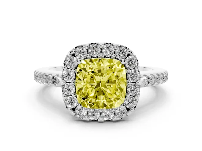 Fancy Yellow Cushion Cut Diamond Pavé Halo Ring Set in Platinum with Prong Setting