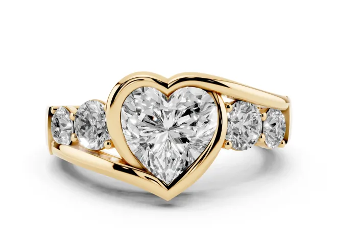 Heart-Shaped Bezel Bypass Engagement Ring Setting | Round Side Stones | Yellow Gold