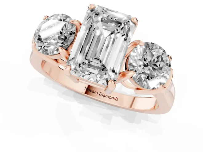 Emerald Cut Diamond Three-Stone Ring Set in Rose gold with Round Accent Stones and Plain Band – second view