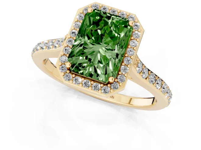 Fancy Green Radiant Cut Diamond Halo Engagement Ring Set in Yellow gold with Round Pavé Shoulders and Heart Gallery – second view