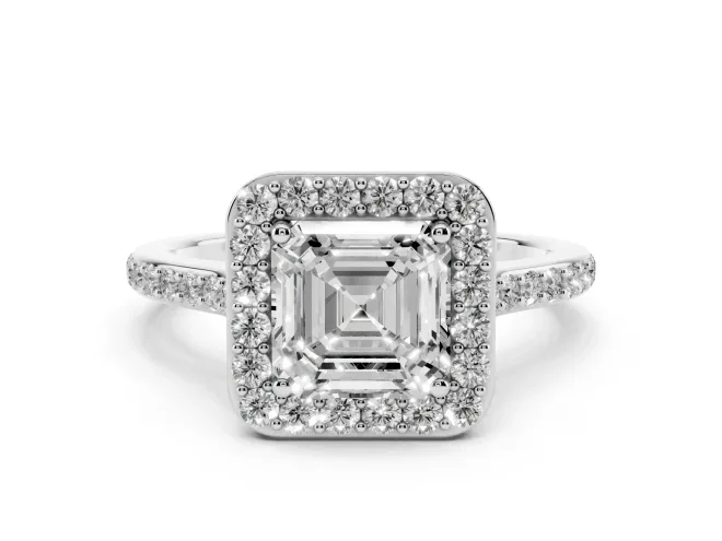 Asscher Cut Diamond Halo Engagement Ring Set in Silver with Round Pavé Shoulders and Heart Gallery