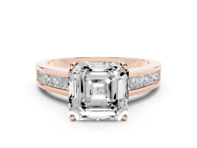 Asscher Cut Channel Set Engagement Ring Setting | Princess Cut Accents | Rose Gold