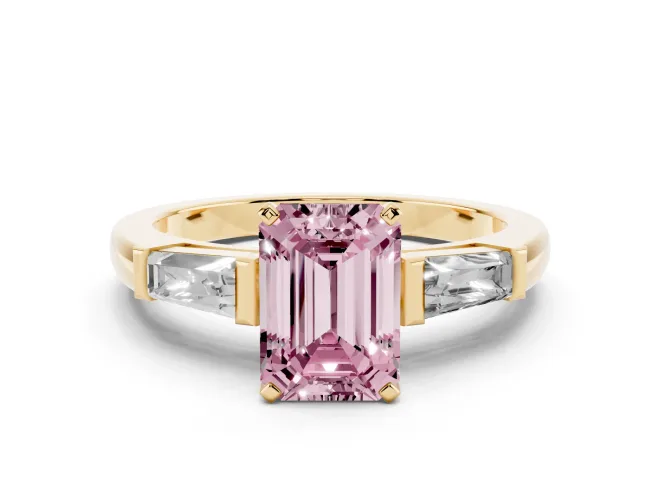 Emerald Cut Three Stone Engagement Ring Setting for a Fancy Pink Lab-Grown Diamond | Tapered Baguettes | Yellow Gold