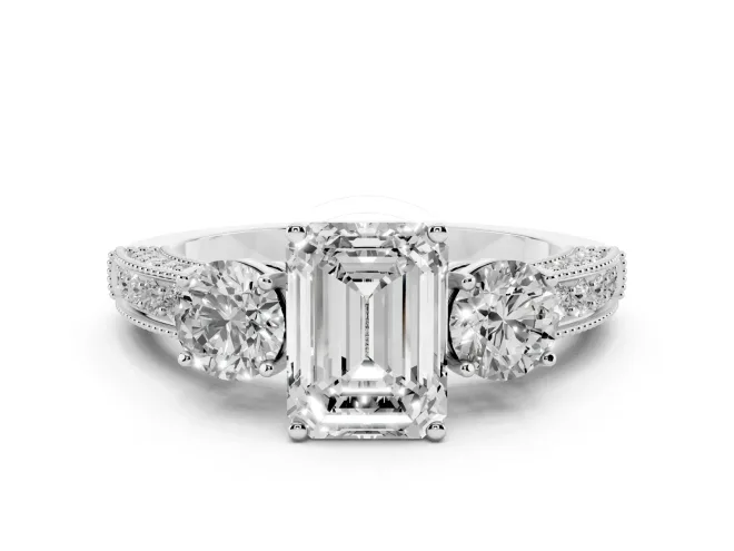 Emerald Cut Diamond Three-Stone Ring Set in White gold with Round Side Stones and Pavé Band