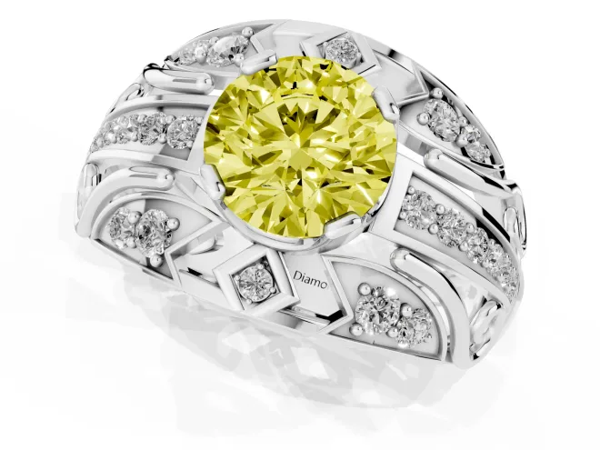 Fancy Yellow Round Cut Diamond Art Deco Ring Set in White gold with Pavé Split Shank – second view