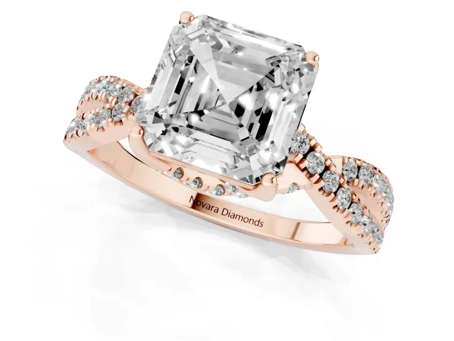 Asscher Cut Diamond Twist Pavé Solitaire Engagement Ring Set in Rose gold with Prong Setting – second view