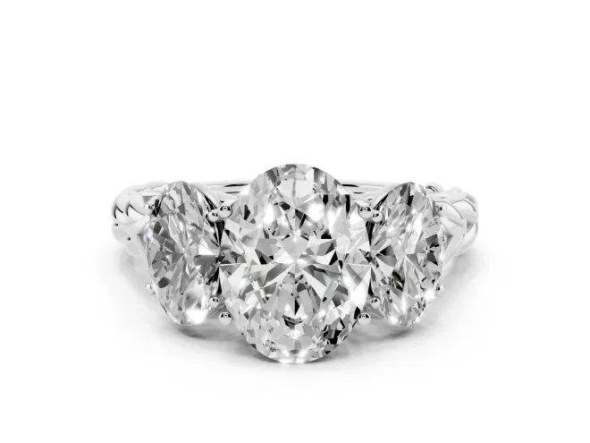 Oval Cut Diamond Three-Stone Ring Set in White gold with Braided Band