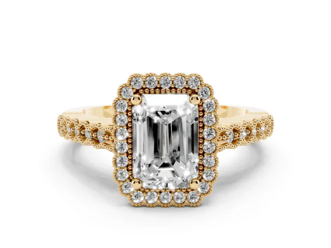 Radiant Cut Diamond Halo Ring Set in Yellow gold with Pavé Milgrain Band