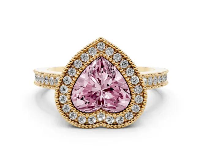 Heart-Shaped Milgrain Halo Engagement Ring Setting for a Fancy Pink Lab-Grown Diamond | Yellow Gold