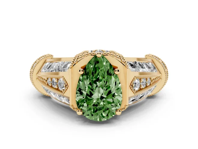 Pear-Shaped Vintage Milgrain Engagement Ring Setting for a Fancy Green Lab-Grown Diamond | Hidden Halo | Yellow Gold