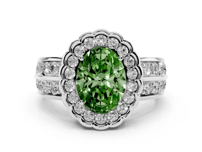 Oval Scalloped Halo Engagement Ring Setting for a Fancy Green Lab-Grown Diamond | Double Row Band | White Gold