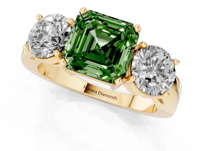 Fancy Green Asscher Cut Diamond Three-Stone Ring Set in Yellow gold with Round Side Stones and Classic Band – second view