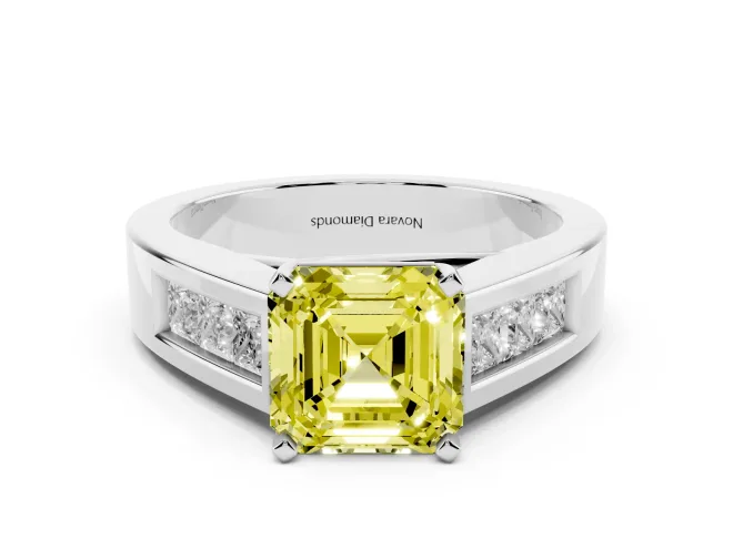 Fancy Yellow Asscher Cut Diamond Solitaire Ring Set in Silver with Channel-Set Accent Stones and Prong Setting