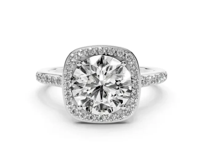 Round Cut Diamond Halo Engagement Ring Set in Silver with Round Pavé Shoulders and Heart Gallery