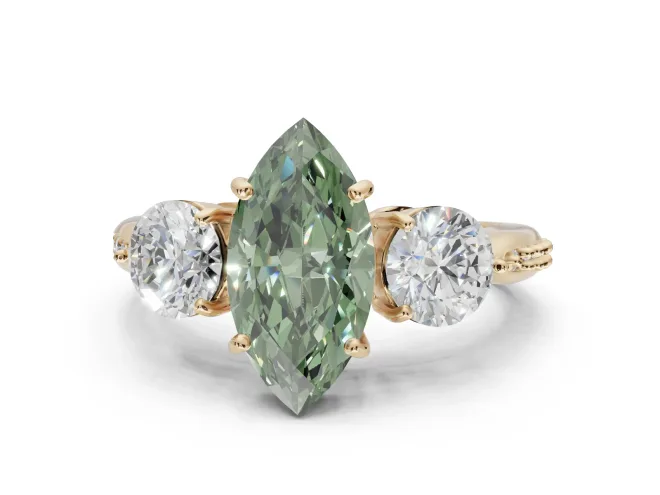 Marquise Three Stone Engagement Ring Setting for a Fancy Green Lab-Grown Diamond | Tapered Pavé Band | Yellow Gold