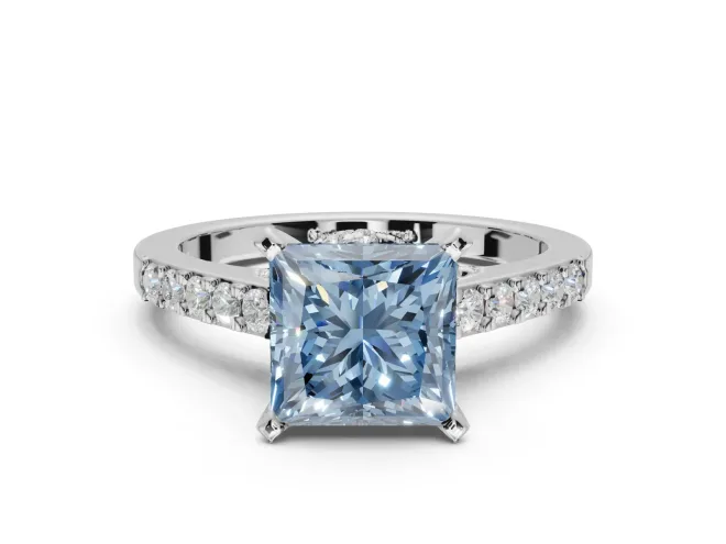 Princess Cut Pavé Solitaire Engagement Ring Setting for a Fancy Blue Lab-Grown Diamond | Crossover Gallery | Platinum