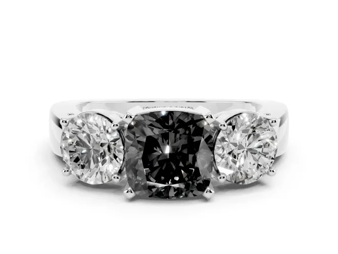 Fancy Black Cushion Cut Diamond Three-Stone Ring Set in White gold with Round Side Stones and Classic Band