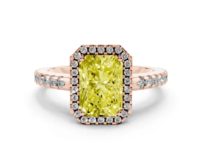 Fancy Yellow Radiant Cut Diamond Halo Ring Set in Rose gold with Pavé Shoulders and Halo-Framed Center