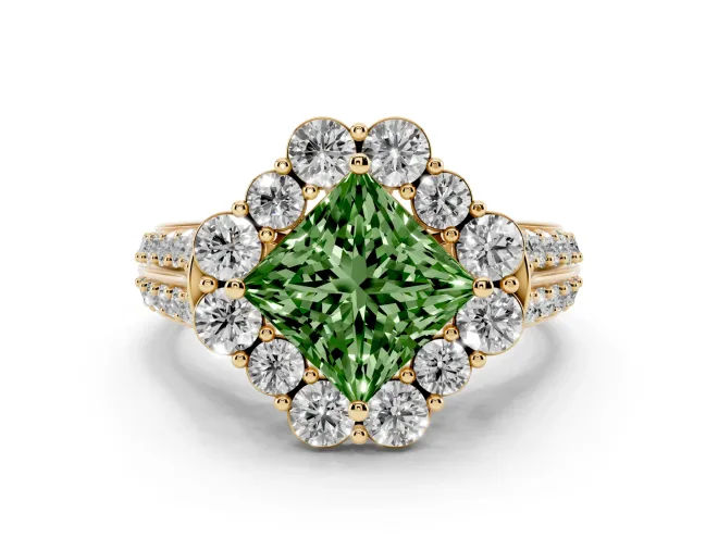 Princess Cut Large Accent Halo Engagement Ring Setting for a Fancy Green Lab-Grown Diamond | Yellow Gold