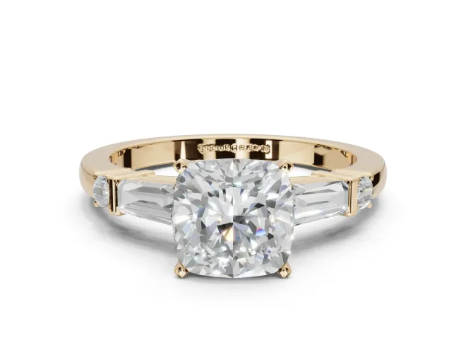 Cushion Cut Tapered Baguette Engagement Ring Setting | Bar Set Sides | Yellow Gold