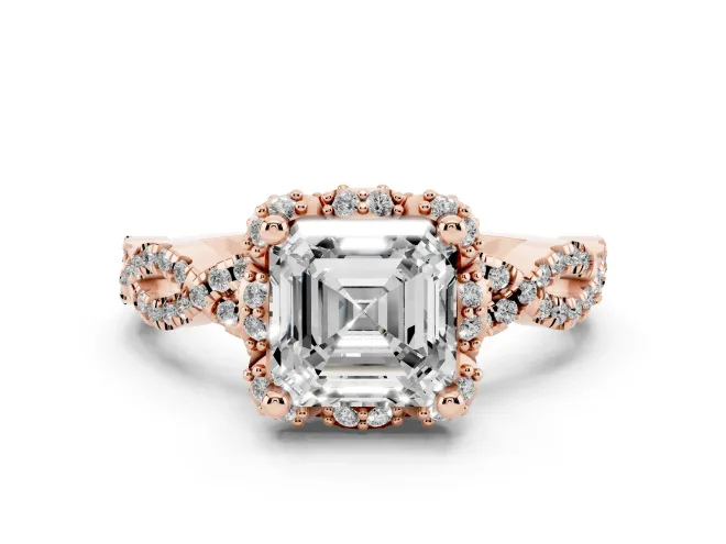 Asscher Cut Milgrain Halo Engagement Ring Setting | Graduated Shoulders | Rose Gold