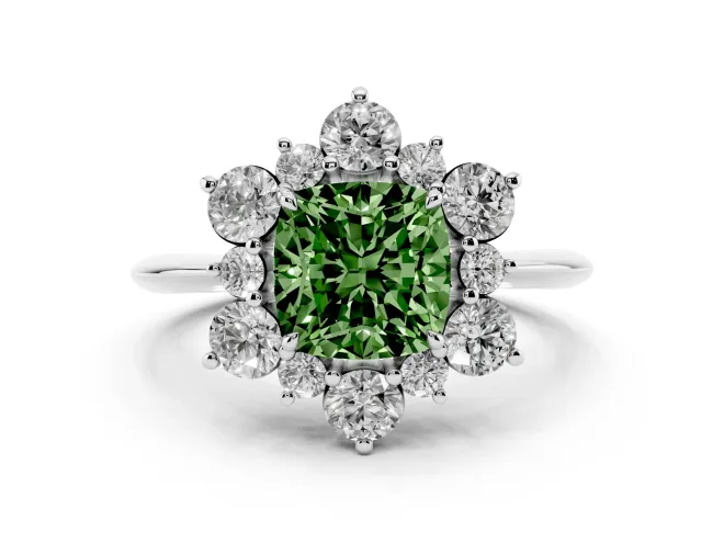 Fancy Green Cushion Cut Diamond Cluster Halo Ring Set in Platinum with Solitaire Band and Prong Setting