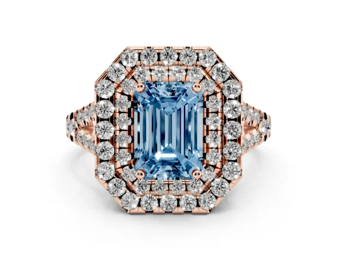 Fancy Blue Emerald Cut Diamond Double Halo Ring Set in Rose gold with Pavé Split Shank and Prong Setting