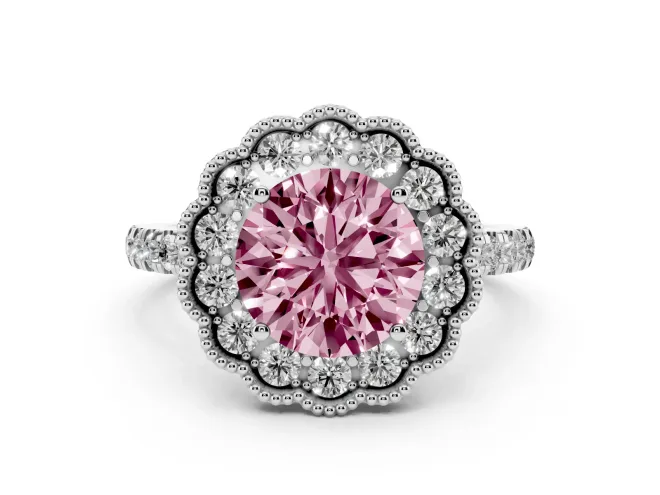 Round Vintage Milgrain Floral Halo Engagement Ring Setting for a Fancy Pink Lab-Grown Diamond | Pavé Band | White Gold