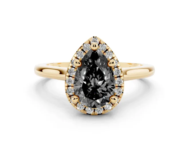 Fancy Black Pear Cut Diamond Halo Engagement Ring Set in Yellow gold with Pavé Band and Rising Shoulders