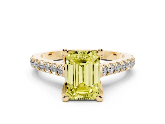 Emerald Cut Hidden Halo Pavé Engagement Ring Setting for a Fancy Yellow Lab-Grown Diamond | Claw Prongs | Yellow Gold