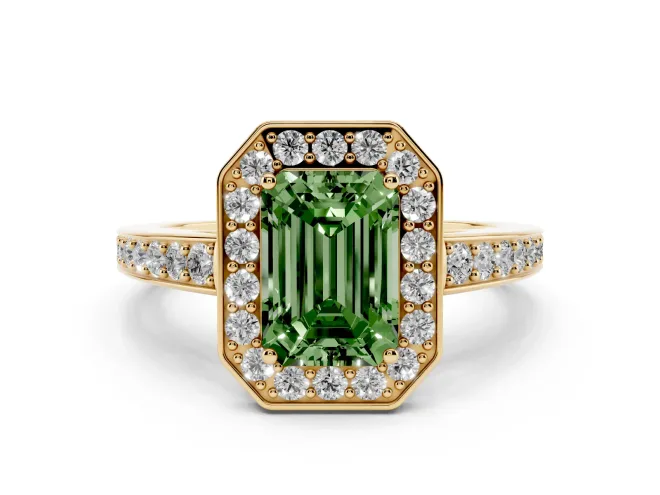 Emerald Cut Framed Halo Engagement Ring Setting for a Fancy Green Lab-Grown Diamond | Yellow Gold