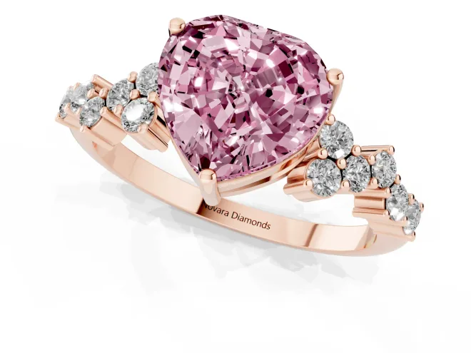 Fancy Pink Heart Cut Diamond Ring Set in Rose gold with Scattered Round Accents – second view