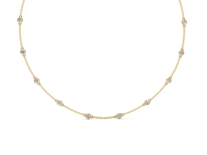 Round Lab-Grown Diamond Bezel Station Necklace | Fine Cable Chain | Yellow Gold