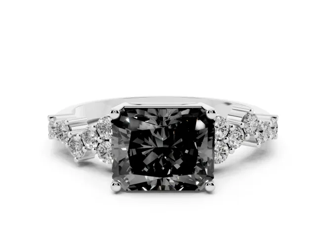 Fancy Black Radiant Cut Diamond Ring Set in White gold with Scattered Round Accents