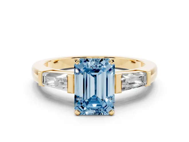 Emerald Cut Three Stone Engagement Ring Setting for a Fancy Blue Lab-Grown Diamond | Tapered Baguettes | Yellow Gold