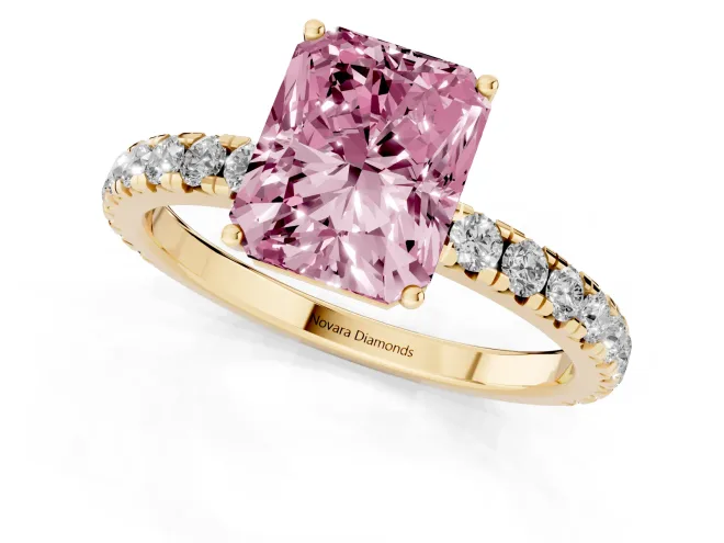 Fancy Pink Radiant Cut Diamond Pavé Solitaire Engagement Ring Set in Yellow gold with Prong Setting – second view