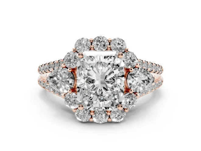 Radiant Cut Scalloped Halo Engagement Ring Setting | Pear Side Stones | Rose Gold