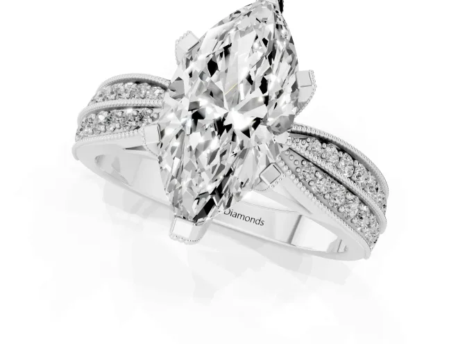 Marquise Cut Diamond Solitaire Ring Set in Silver with Milgrain Double Row Round Pavé Band – second view