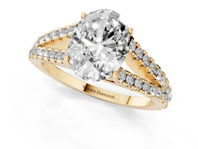 Oval Cut Diamond Split Shank Pavé Engagement Ring Set in Yellow gold with Prong-Held Center Stone – second view