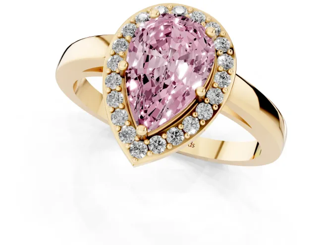 Fancy Pink Pear Cut Diamond Halo Ring Set in Yellow gold with Solitaire Band and Prong Setting – second view