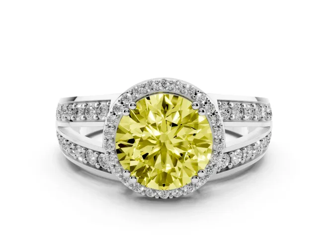Fancy Yellow Round Cut Diamond Halo Ring Set in Silver with Double Pavé Split Shank