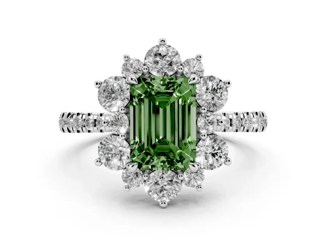 Fancy Green Emerald Cut Diamond Floral Halo Ring Set in White gold with Round Pavé Band and Prong Setting