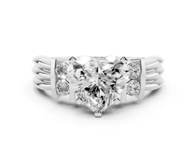 Three-Stone Heart Cut Diamond Channel Set Ring Set in Silver with Bar Prongs