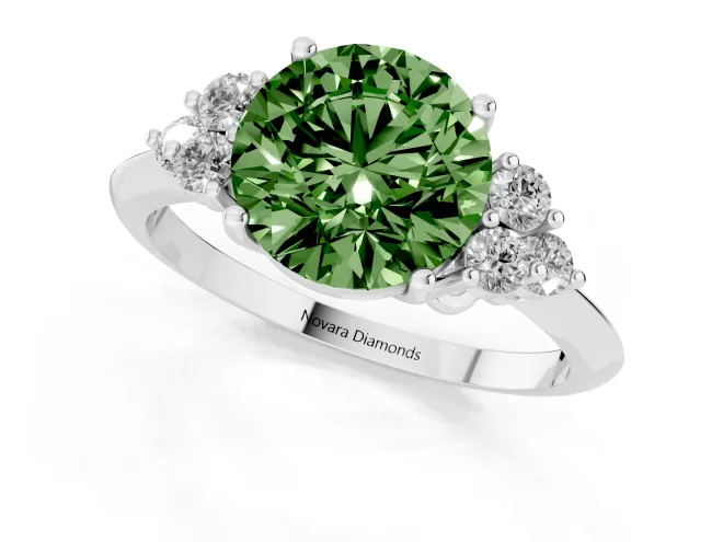 Fancy Green Round Cut Diamond Cluster Ring Set in Platinum with Plain Band and Prong Setting – second view