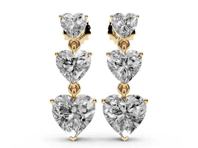 Heart Lab-Grown Diamond Graduated Triple Drop Earrings | Linked Hearts | Yellow Gold