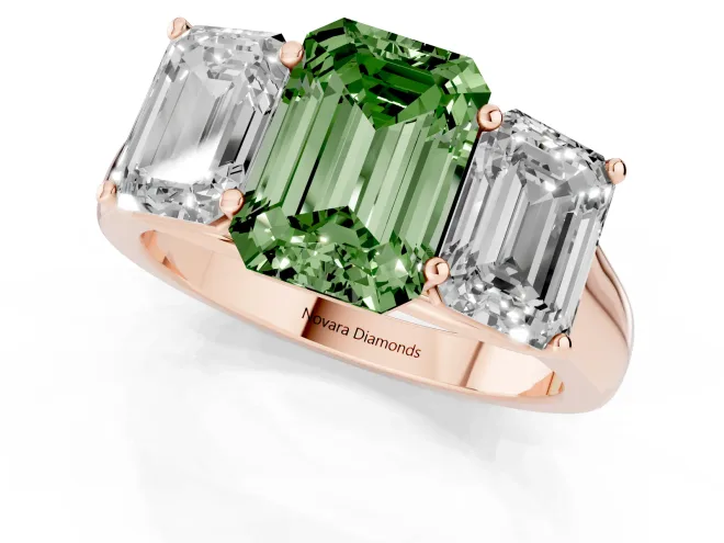 Fancy Green Emerald Cut Diamond Three-Stone Ring Set in Rose gold with Plain Polished Band – second view