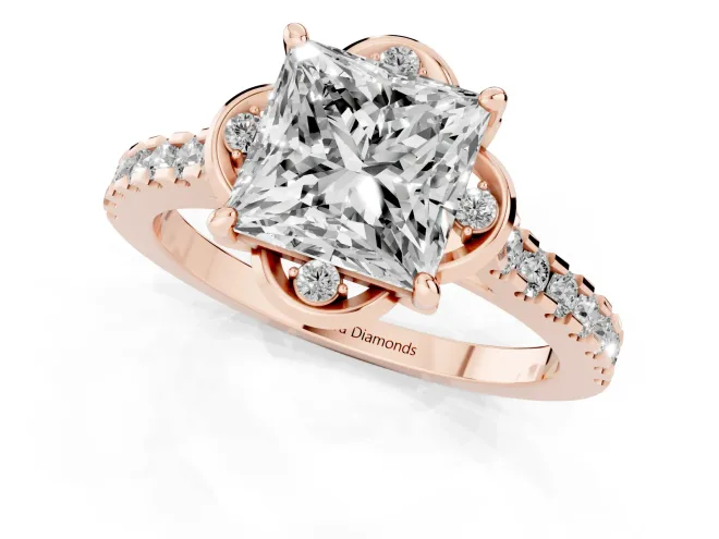 Princess Cut Diamond Solitaire Ring Set in Rose gold with Pavé Band and Floral Prong Setting – second view